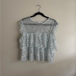 Zara Silver Sequin Ruffle Blouse